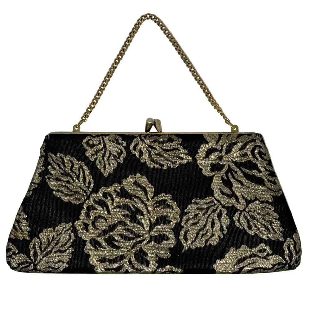 Vintage 60s Black Metallic Gold Brocade Clutch Chain Purse